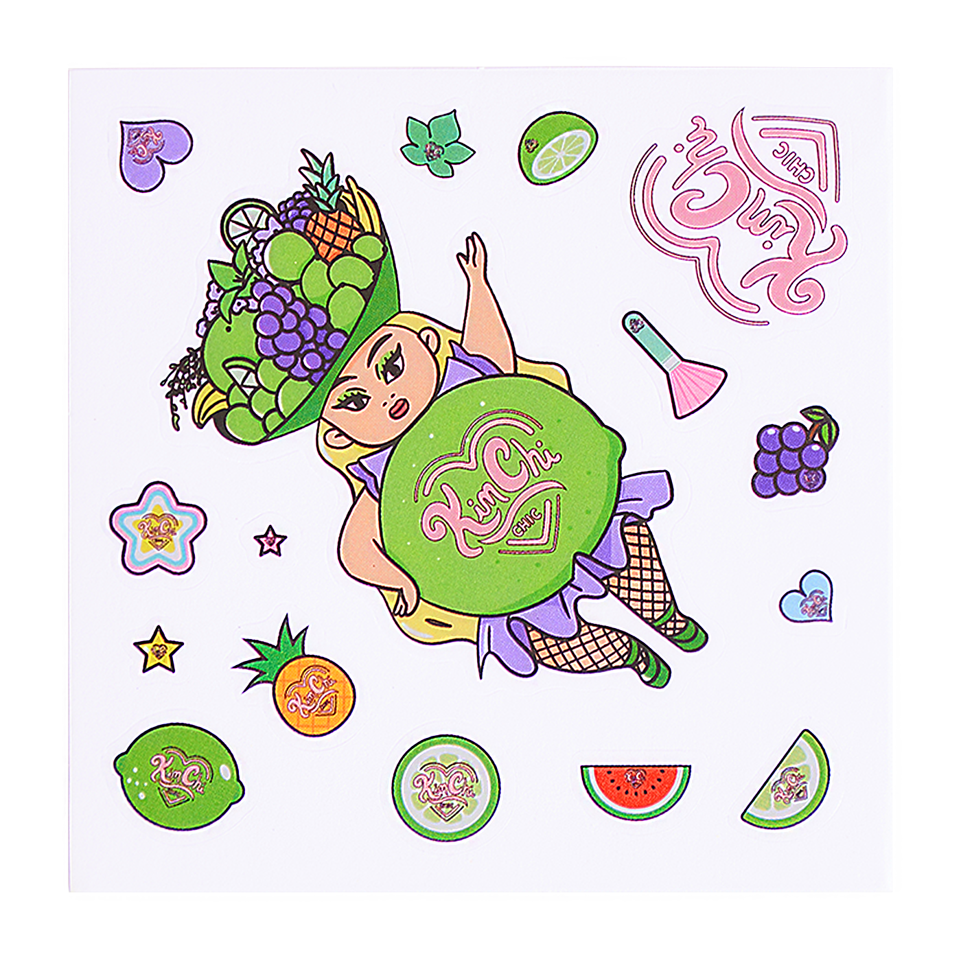 Illustration of a character wearing a fruit hat surrounded by colorful fruit and decorative elements on a white background.