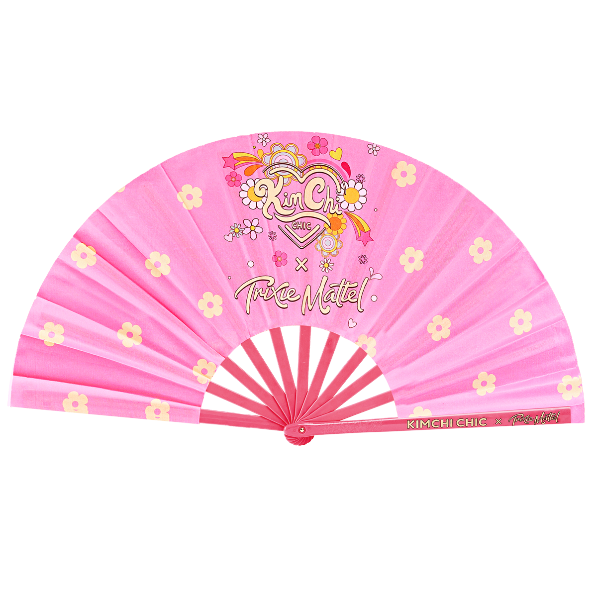 Pink folding fan with floral design and decorative text