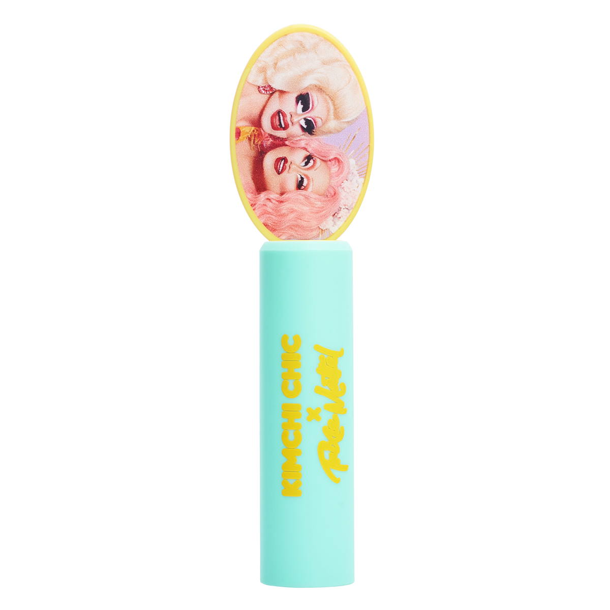 Mint green lipstick tube with two illustrated faces on the cap