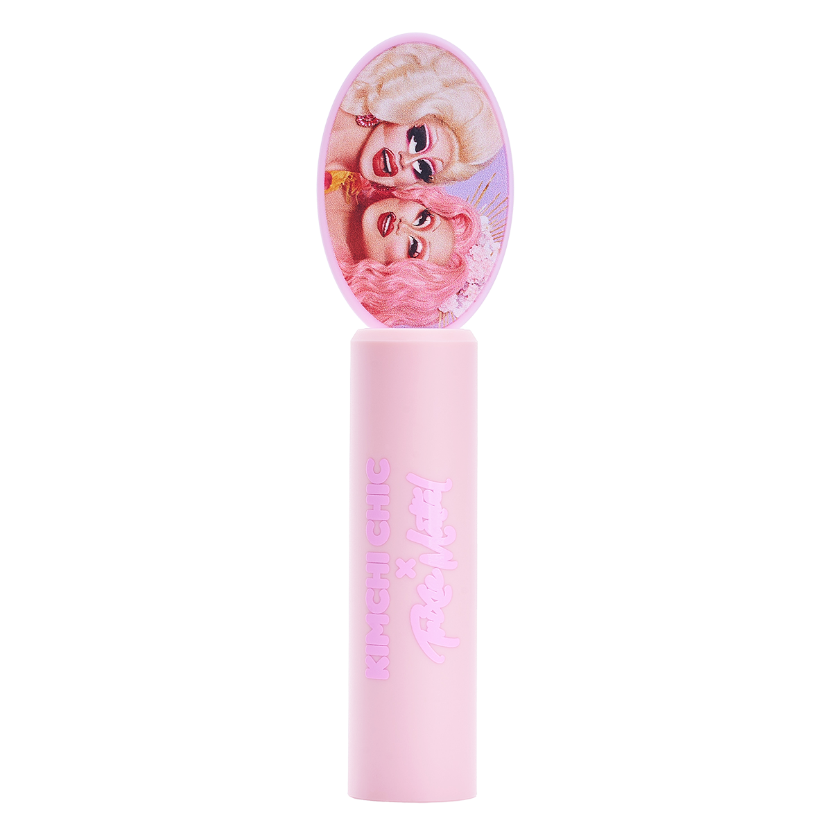 Pink lip balm with illustrated cap featuring two characters
