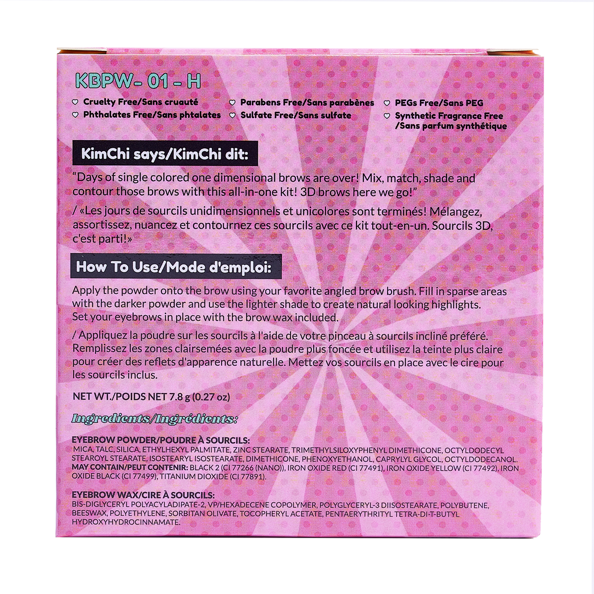 Back of a pink makeup packaging with product use instructions and ingredient details.