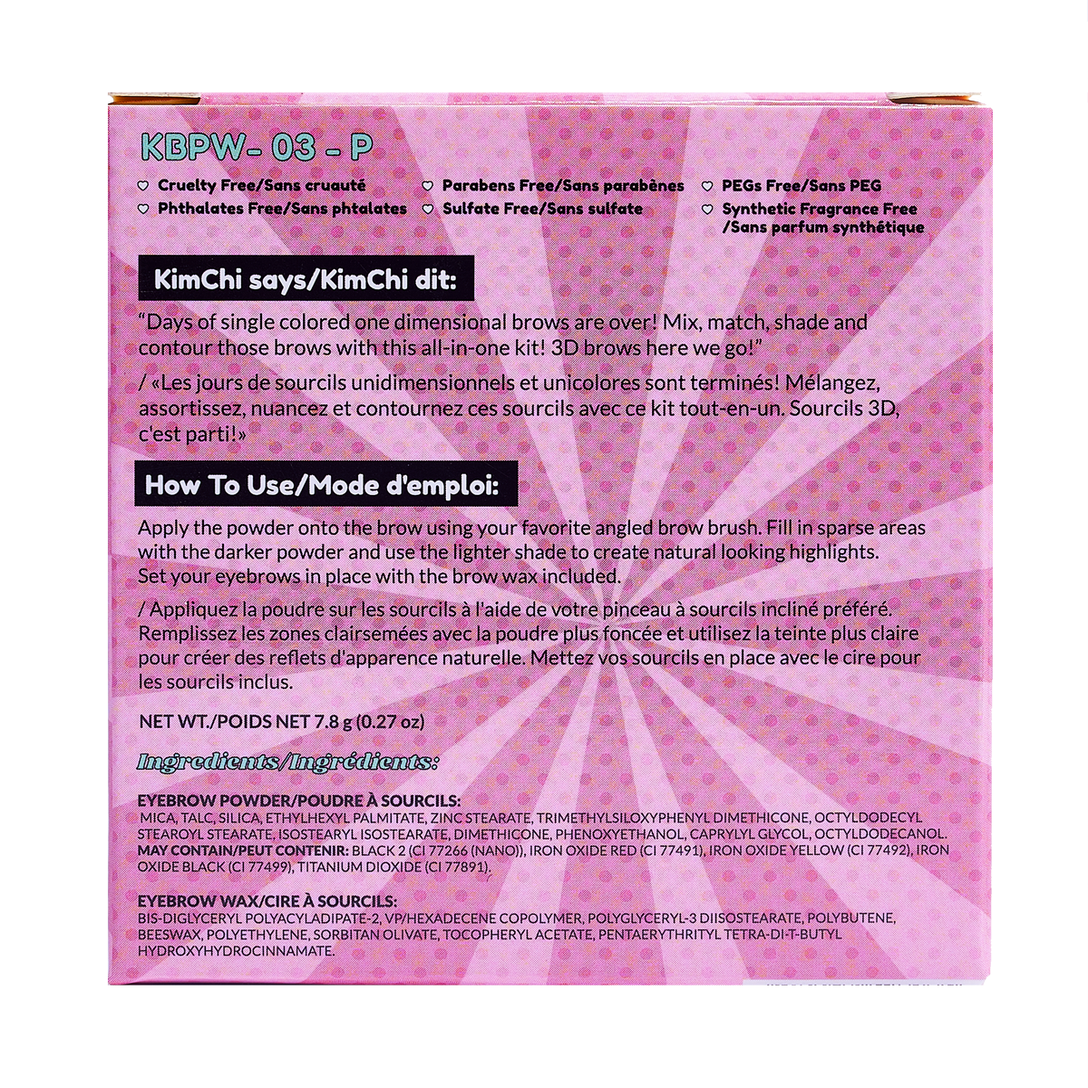 Back of a cosmetic product packaging with usage instructions and features in English and French, on a pink background.