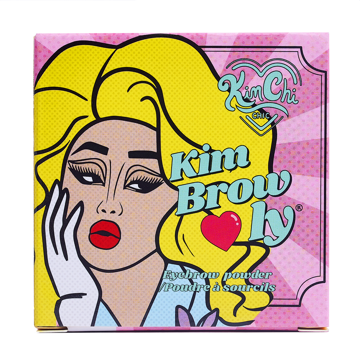 Colorful packaging of Kim Browly eyebrow powder featuring a pop art design of a woman with yellow hair.