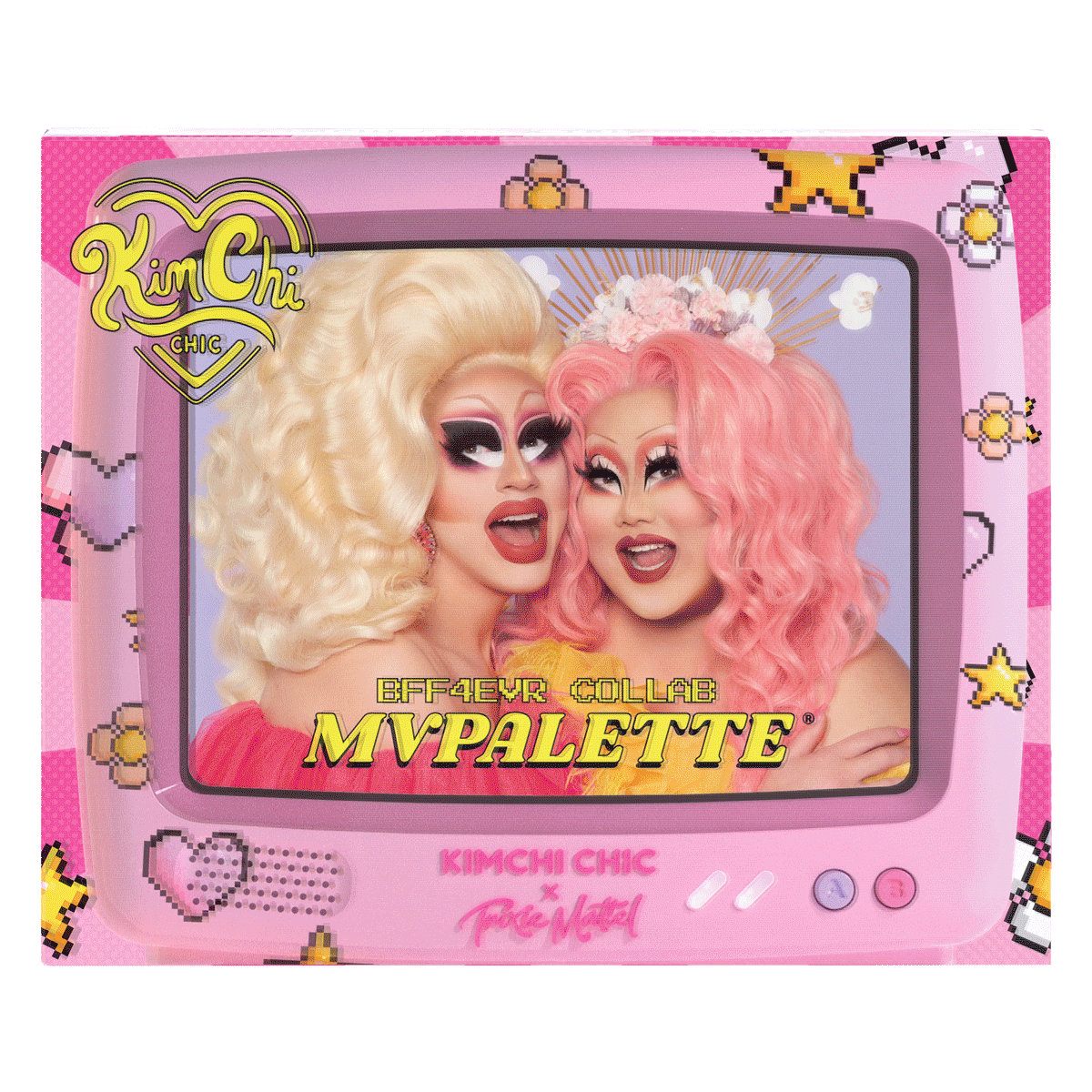 Two drag queens posing together in a colorful makeup palette promotional image.