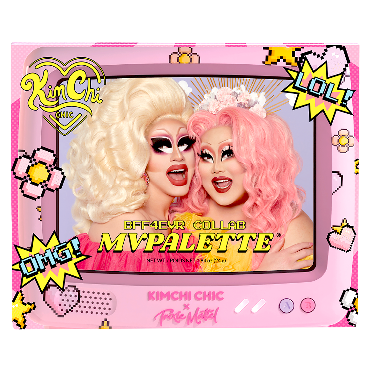 Promotional image for KimChi Chic Beauty with two drag queens smiling in a retro TV frame.