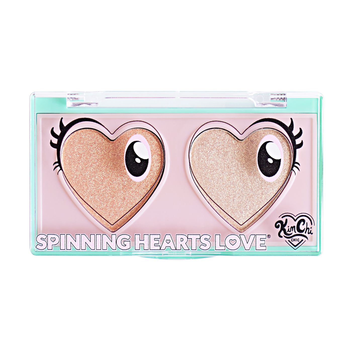 Eyeshadow palette with heart-shaped pans and eye illustrations on packaging