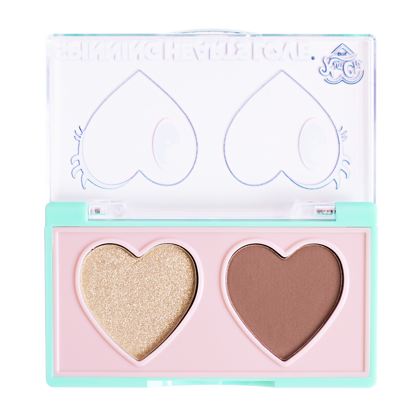 Heart-shaped eyeshadow palette with two colors, gold and brown.