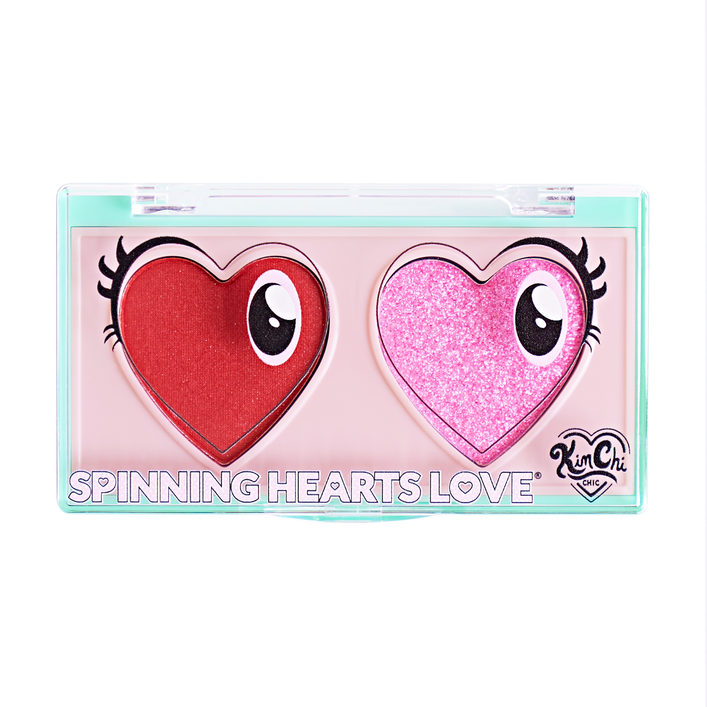 Heart-shaped red and pink eyeshadow palette labeled 'Spinning Hearts Love'.