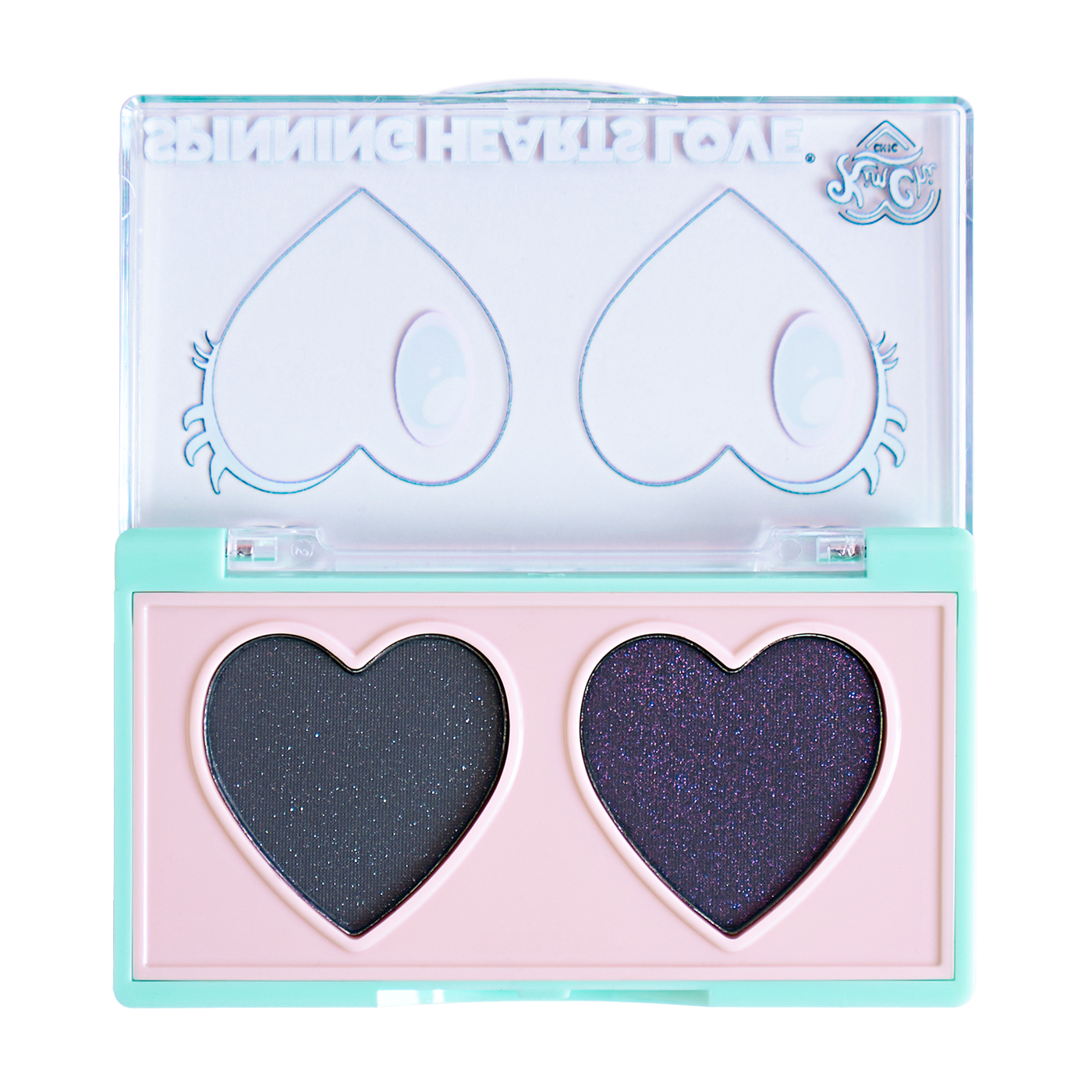 Heart-shaped eyeshadow palette with two shades in a clear case