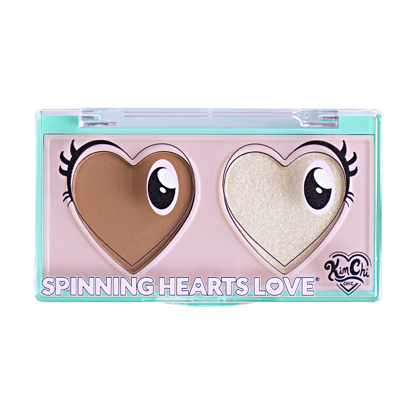 Heart-shaped makeup palette with two different shades labeled 'Spinning Hearts Love'