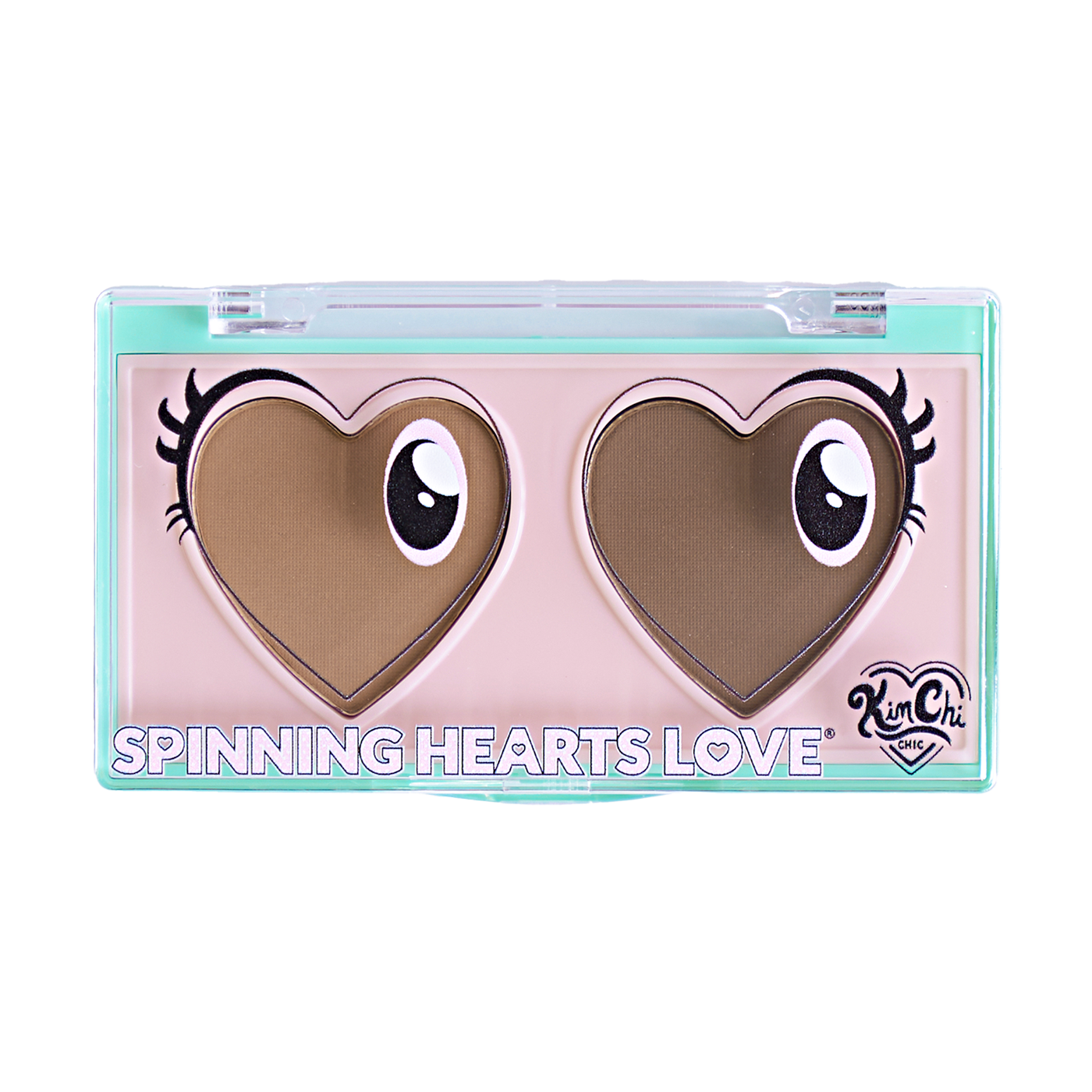 Heart-shaped eyeshadow palette with cartoon eyes labeled 'Spinning Hearts Love' from Kim Chi Chic Beauty.