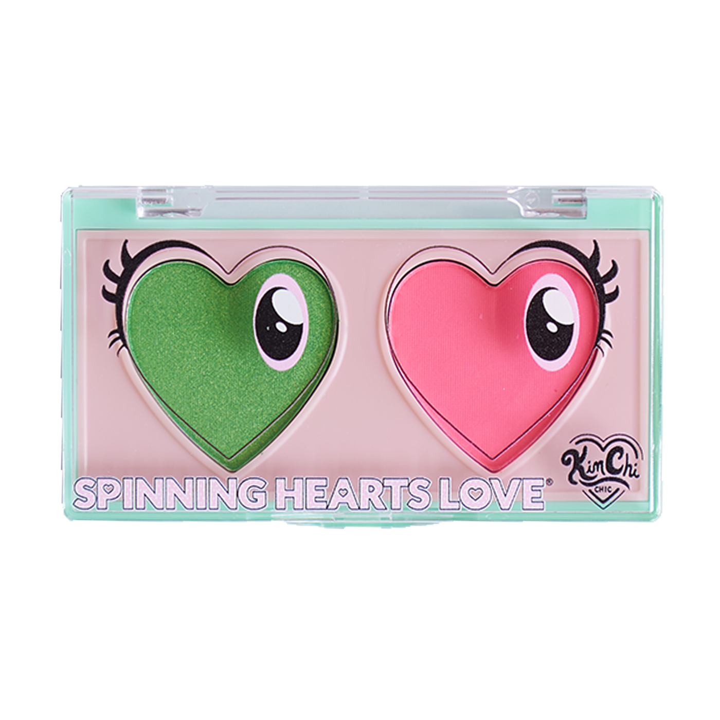 Makeup palette with green and pink heart-shaped colors labeled 'Spinning Hearts Love'.