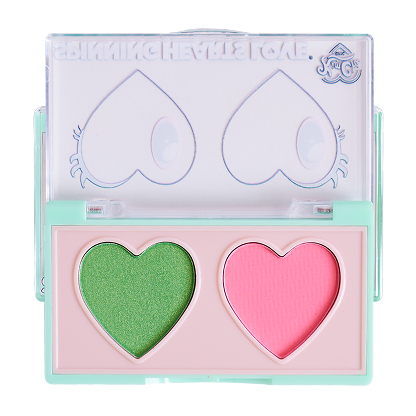 Makeup palette with green and pink heart-shaped shades in a clear case.