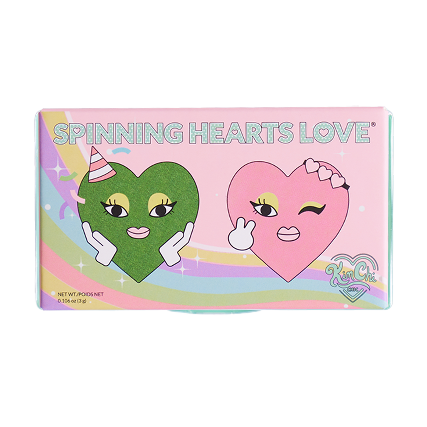 Colorful packaging with cartoon hearts, labeled 'Spinning Hearts Love'