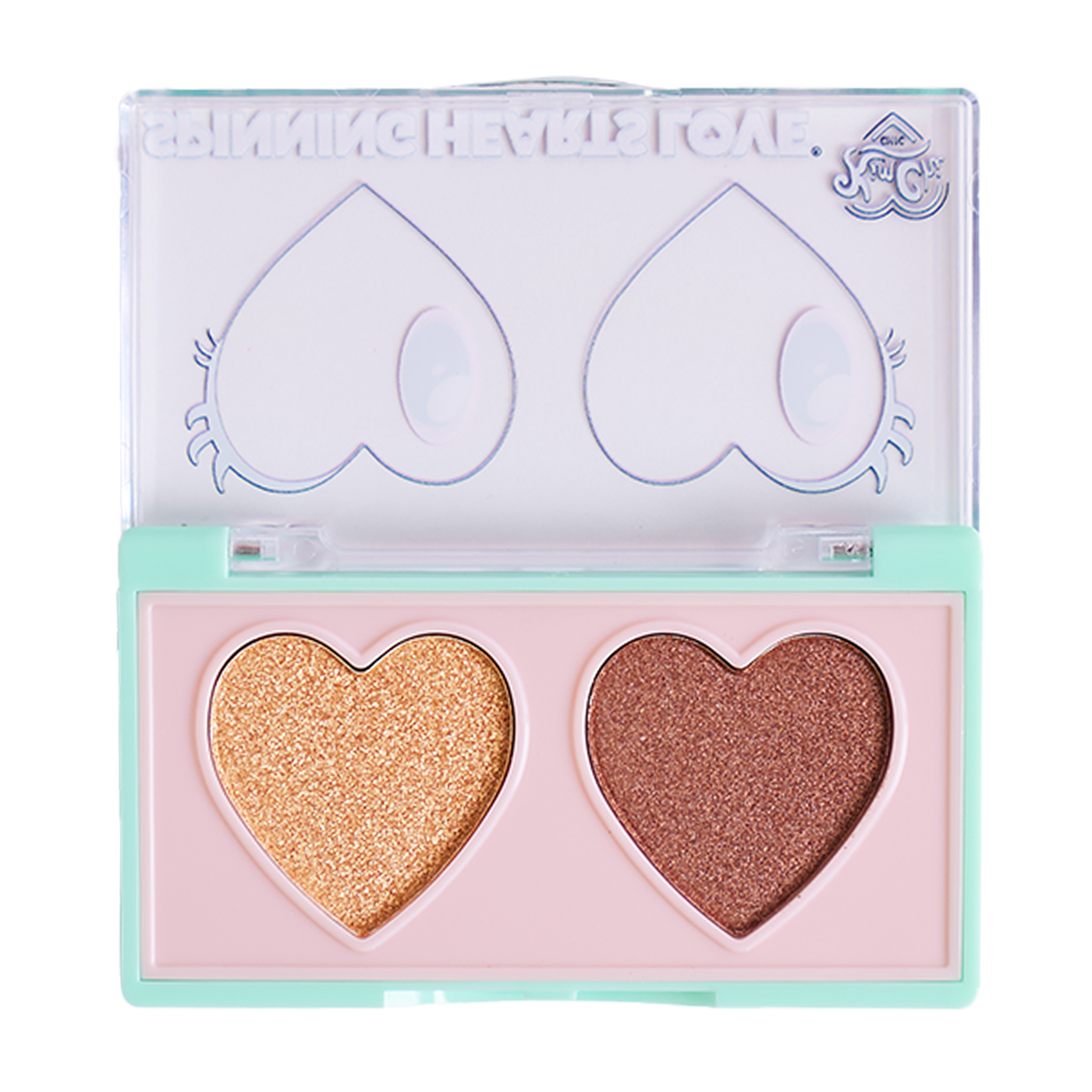 Heart-shaped eyeshadow palette with two shades in a clear case.