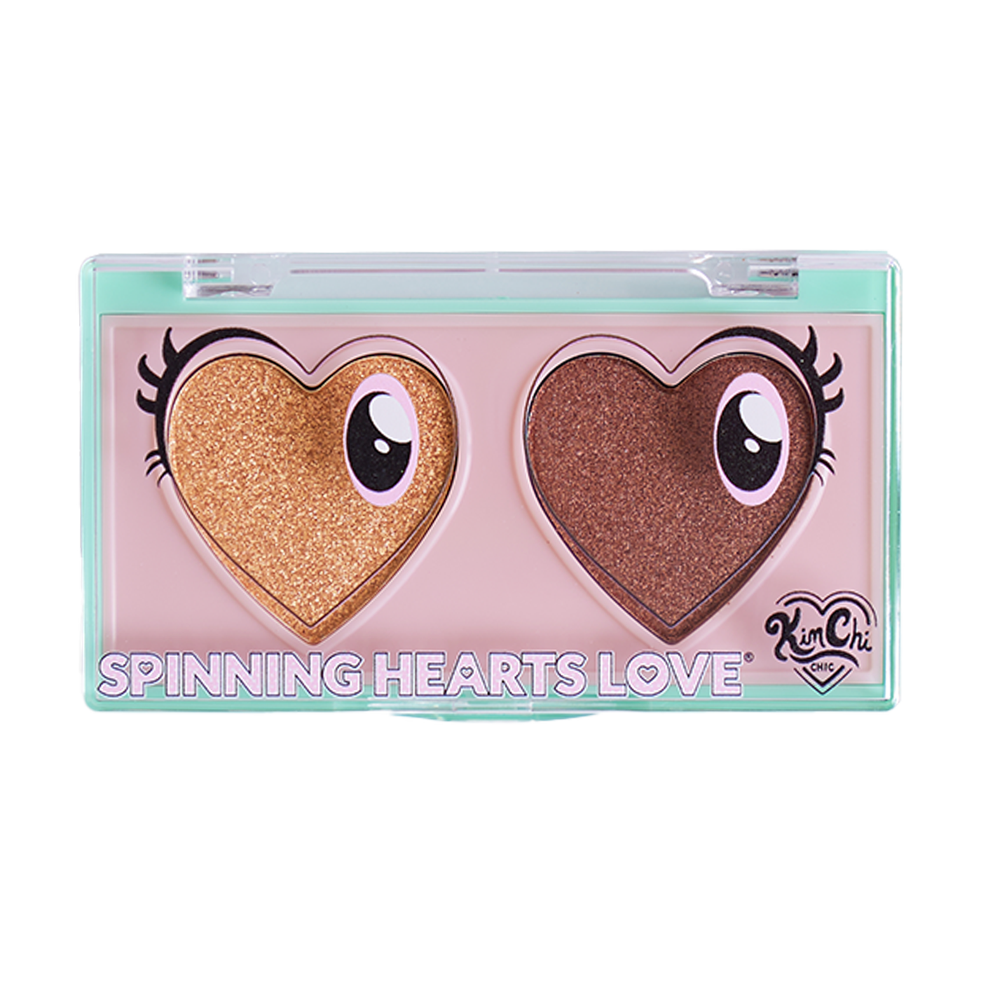 Eyeshadow palette with heart-shaped pans and cartoon eyes design