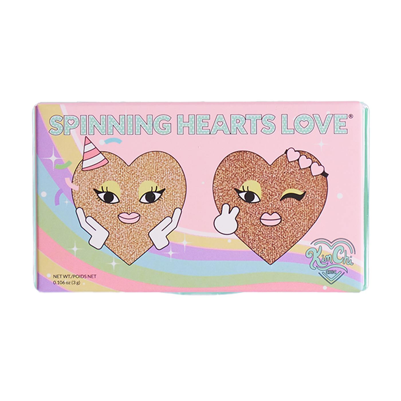 Colorful makeup palette with cartoon heart faces and rainbow design