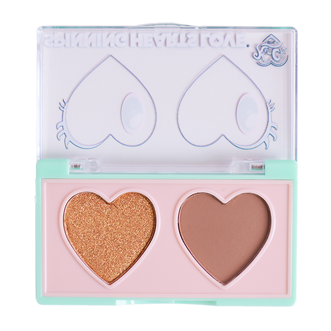 Heart-shaped eyeshadow palette with two shades, one glittery gold and one matte brown.