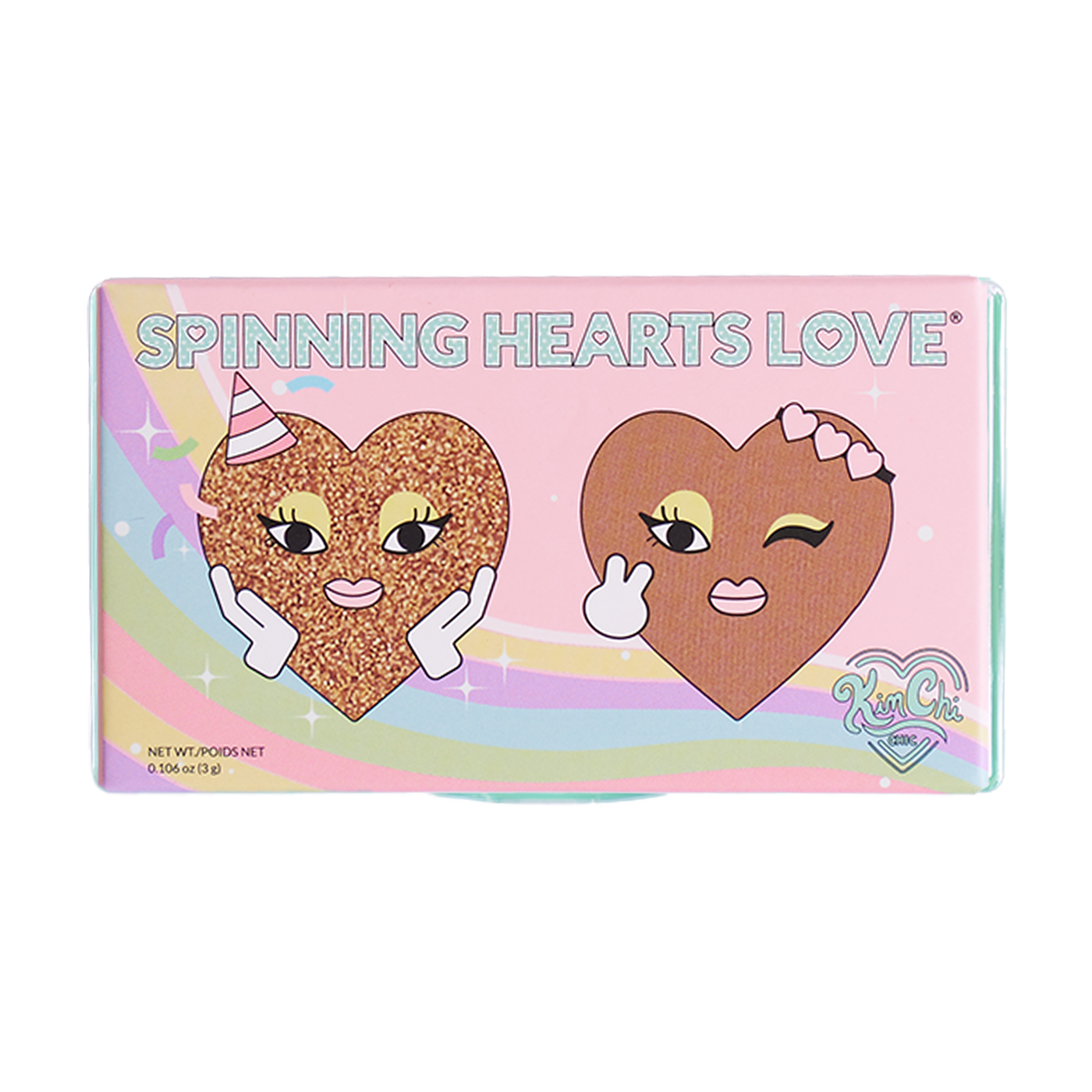 Colorful packaging featuring cartoon hearts with facial expressions, labeled 'Spinning Hearts Love'.