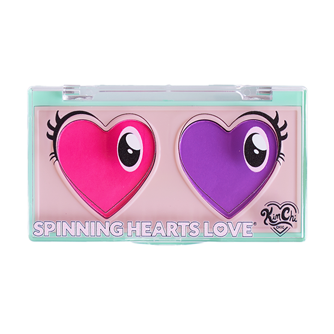 Makeup palette with heart-shaped pink and purple shades named 'Spinning Hearts Love' by KimChi.