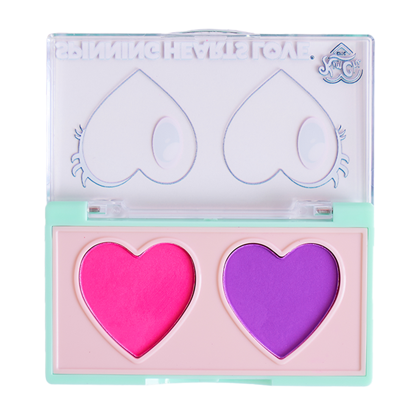 Heart-shaped pink and purple blush in a compact