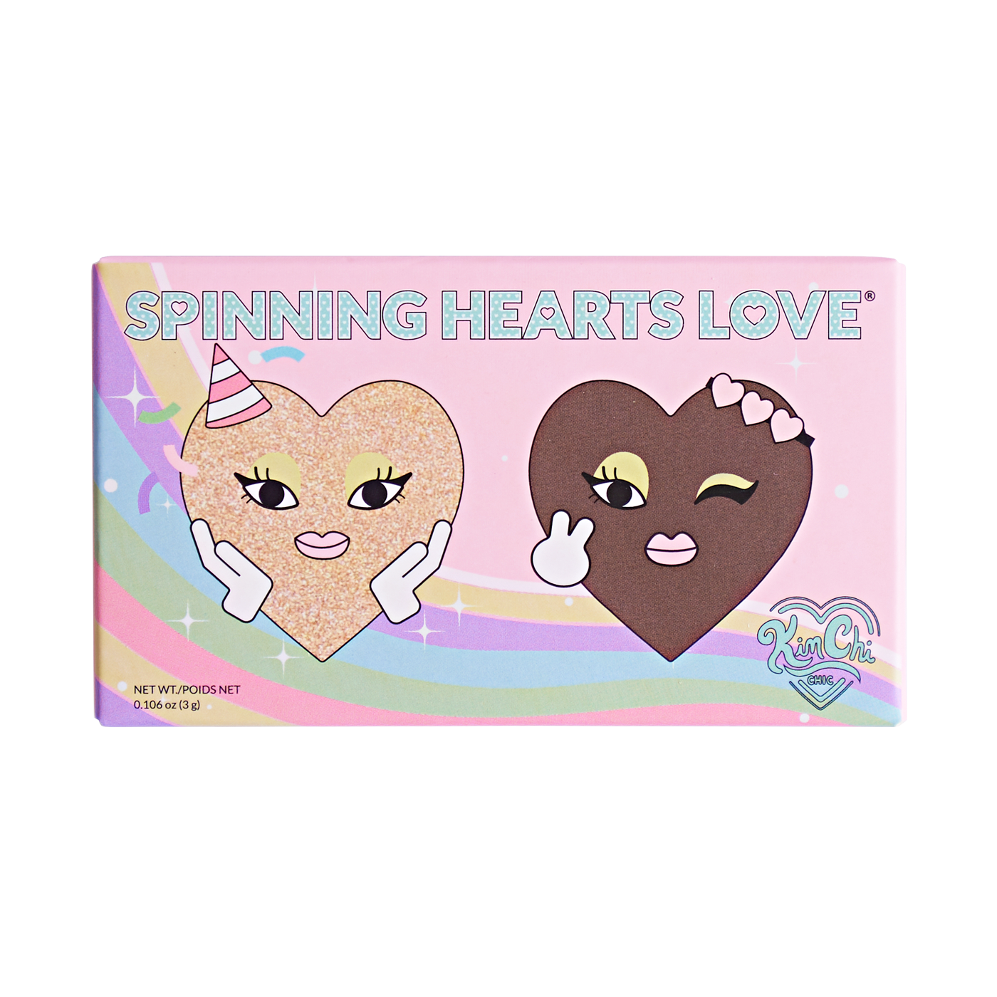 Colorful candy packaging with two heart-shaped characters on a pink background labeled 'Spinning Hearts Love'.