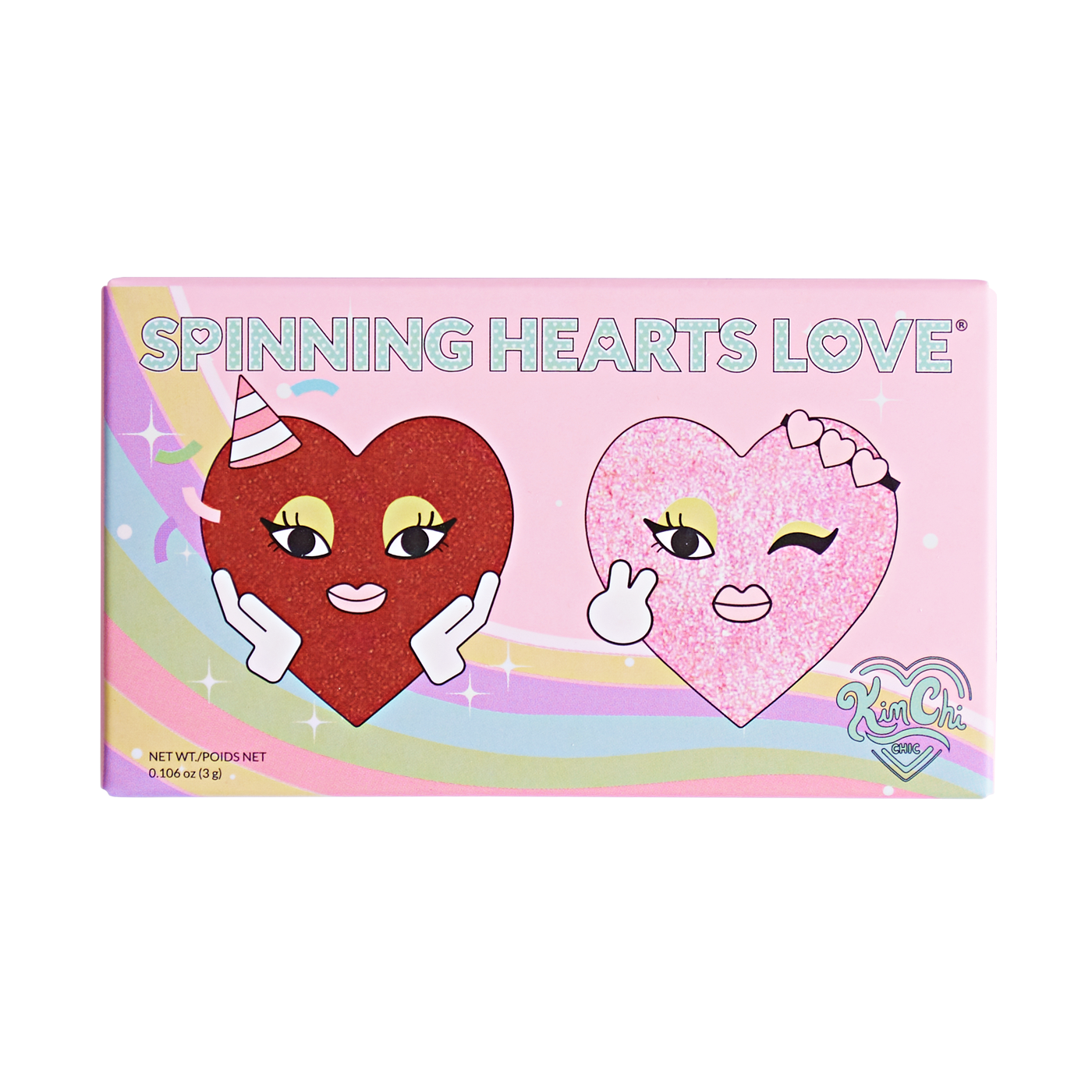 Colorful packaging featuring two cartoon hearts with faces, labeled 'Spinning Hearts Love'.