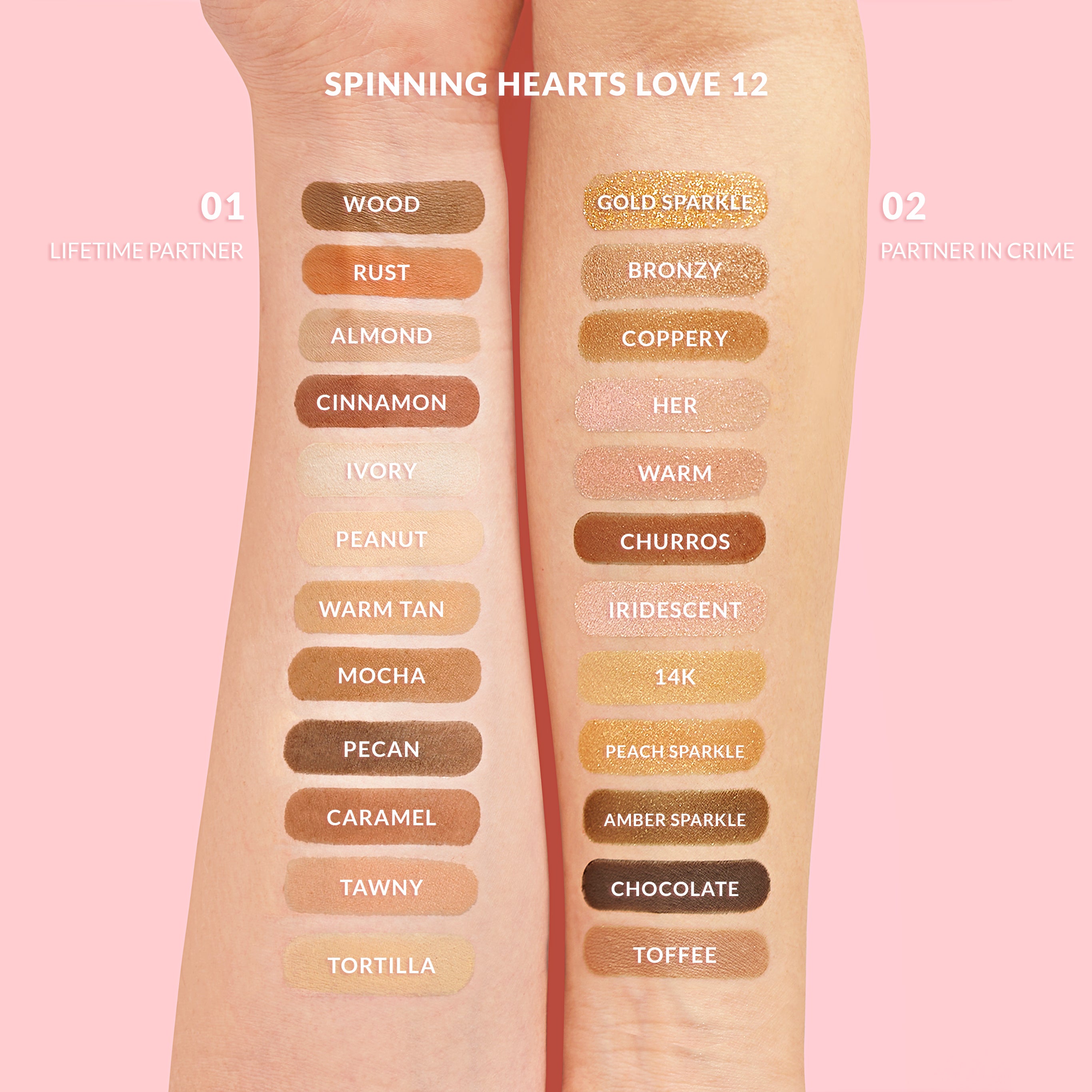 Arms displaying makeup swatches labeled with various color names on a pink background.