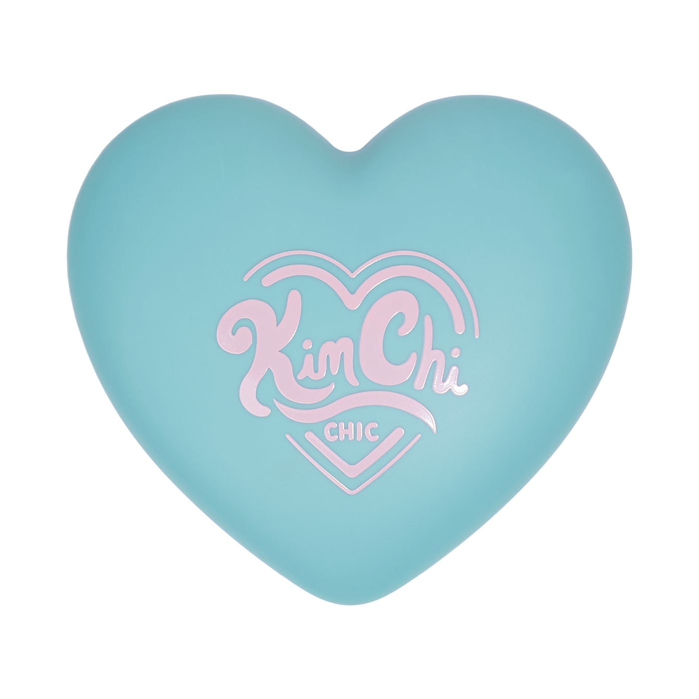 Blue heart-shaped object with 'Kim Chi Chic' logo in pink.