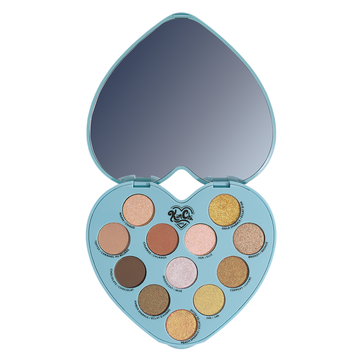 Heart-shaped eyeshadow palette with 12 colors and a mirror