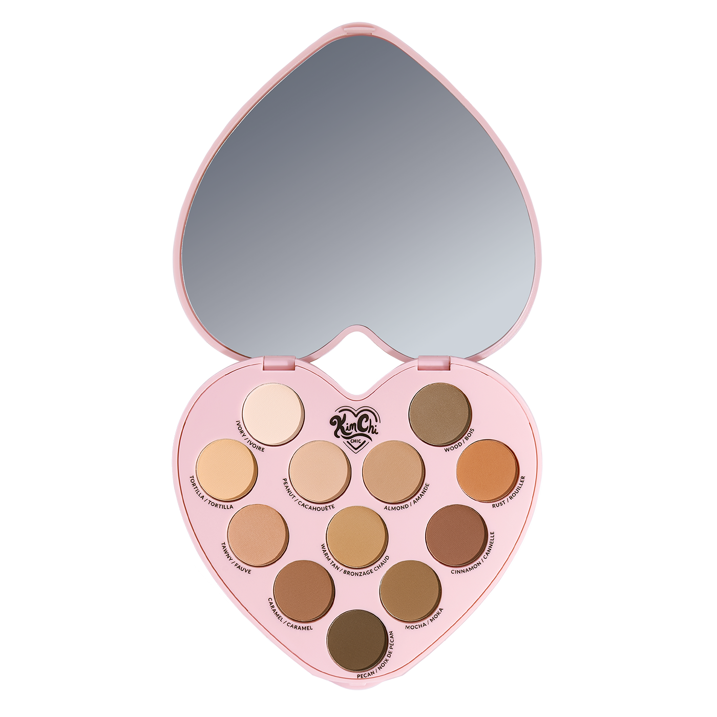 Heart-shaped makeup palette with mirror and twelve eyeshadows in neutral tones.