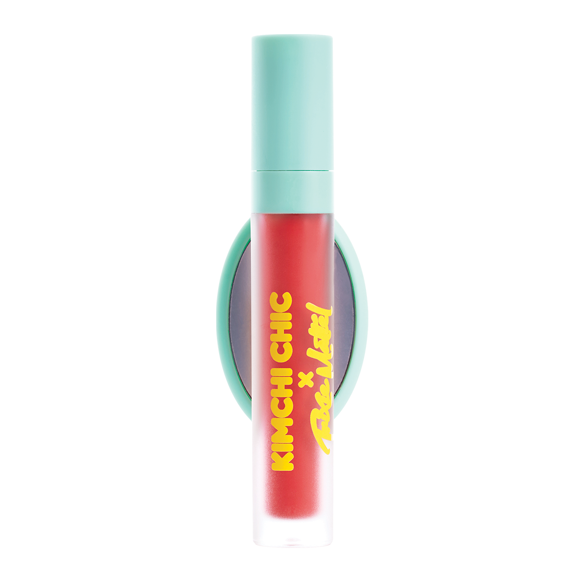 Red lip gloss with turquoise cap and bright yellow text on the bottle