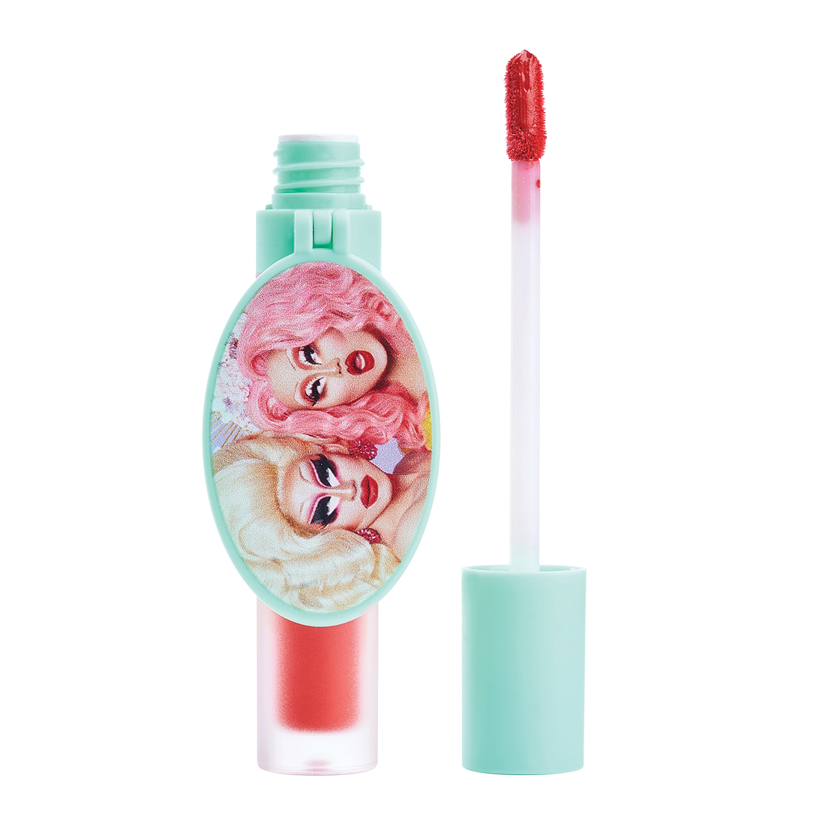 Lip gloss with colorful packaging design and red applicator