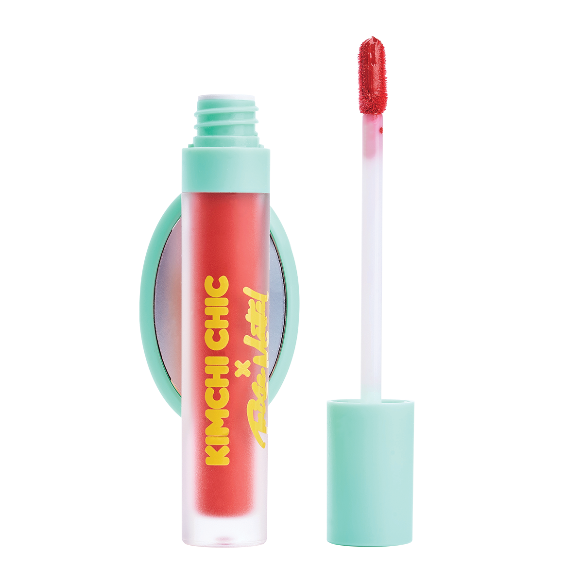 Red liquid lipstick with applicator wand and green cap.