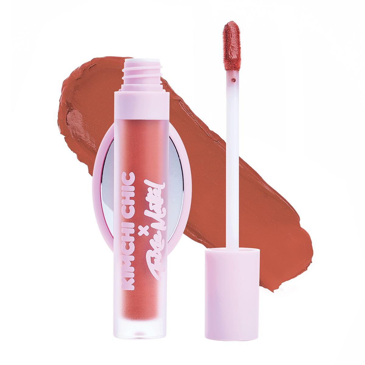 Peachy nude lipstick with applicator and swatch