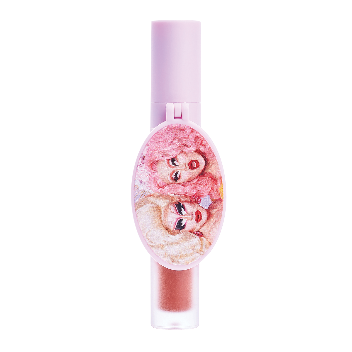 Pink lip gloss tube with illustrated characters on the label