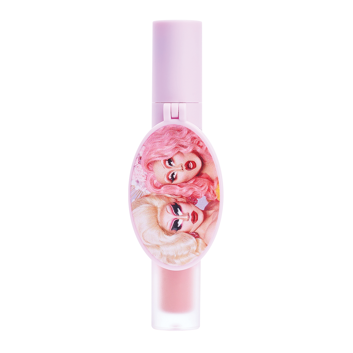 Pink lipstick tube with a decorative sticker of two cartoonish figures