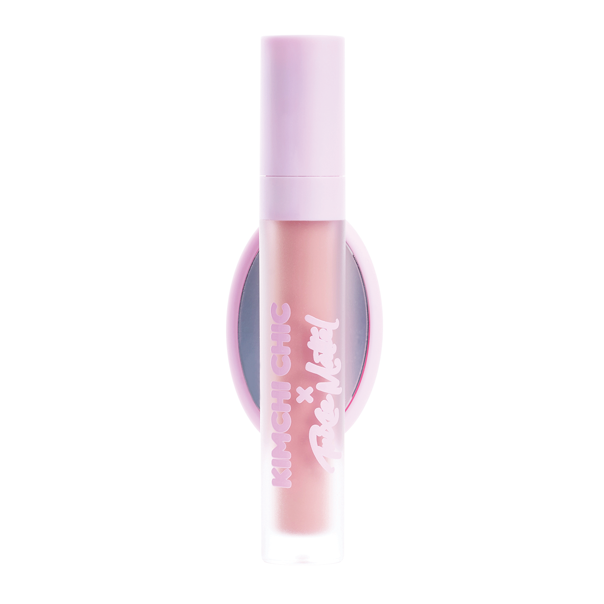 Tube of lip gloss with pink cap and branding.