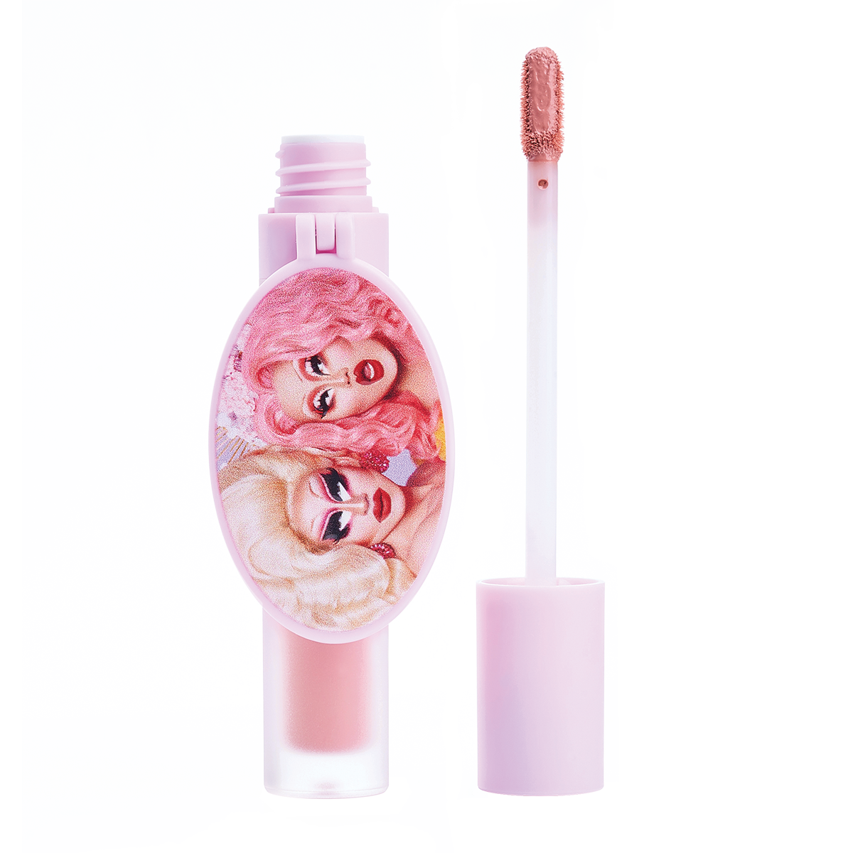 Pink lip gloss tube with applicator and illustrated design on packaging.