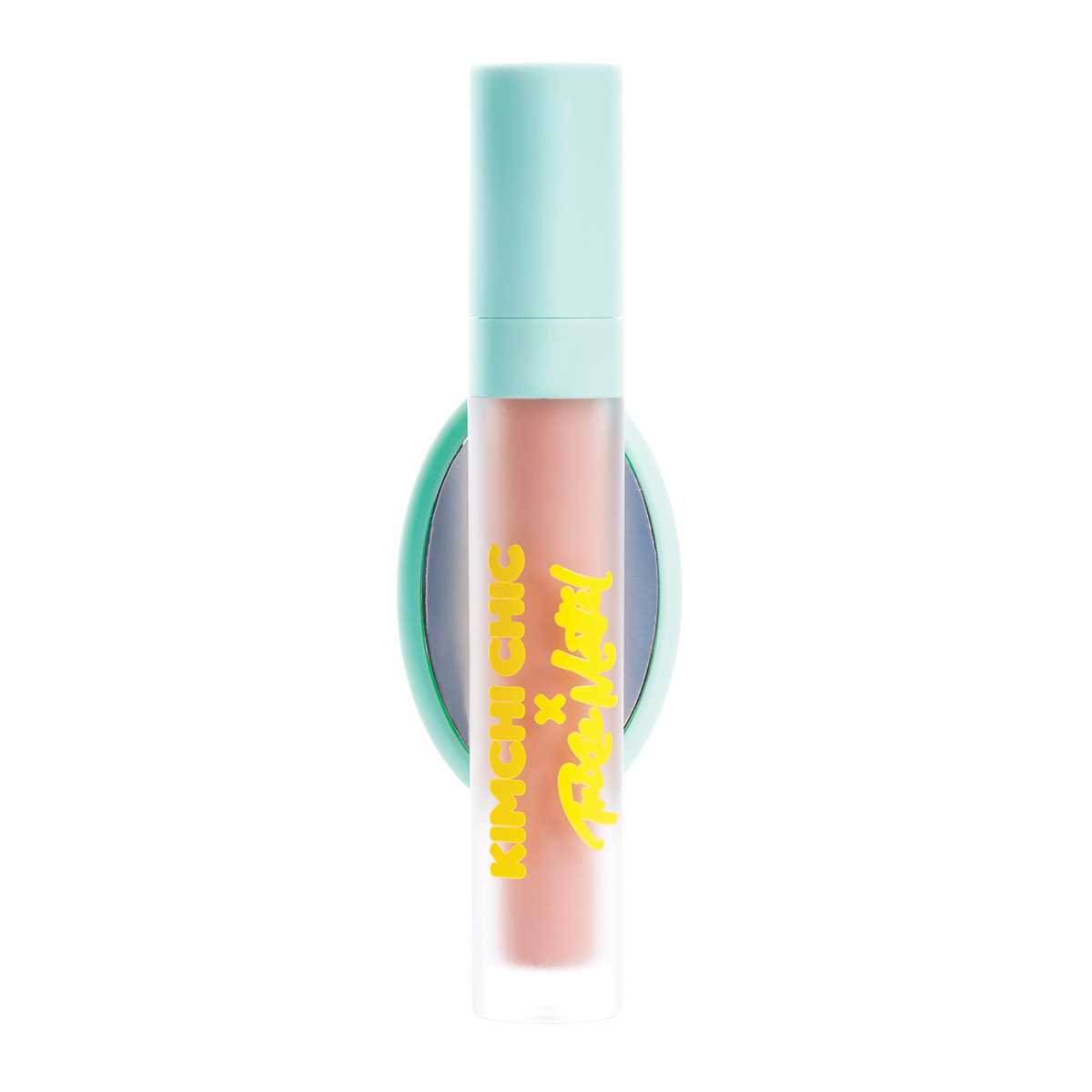 Lip gloss tube with a turquoise cap and orange logo.