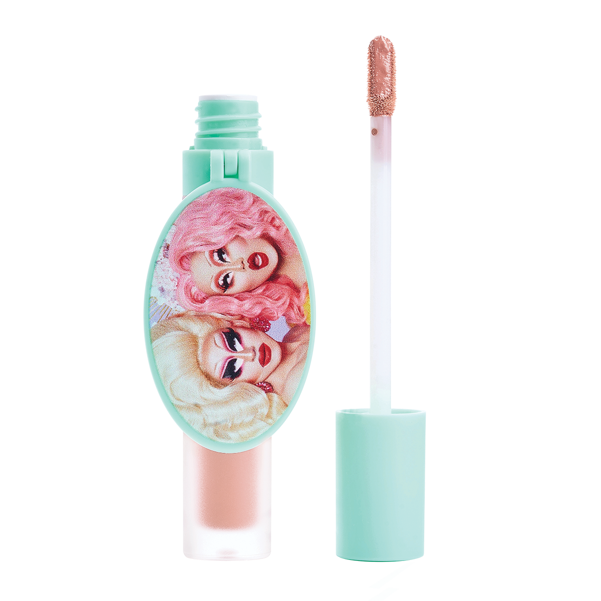 Lip gloss tube with colorful illustration on packaging.