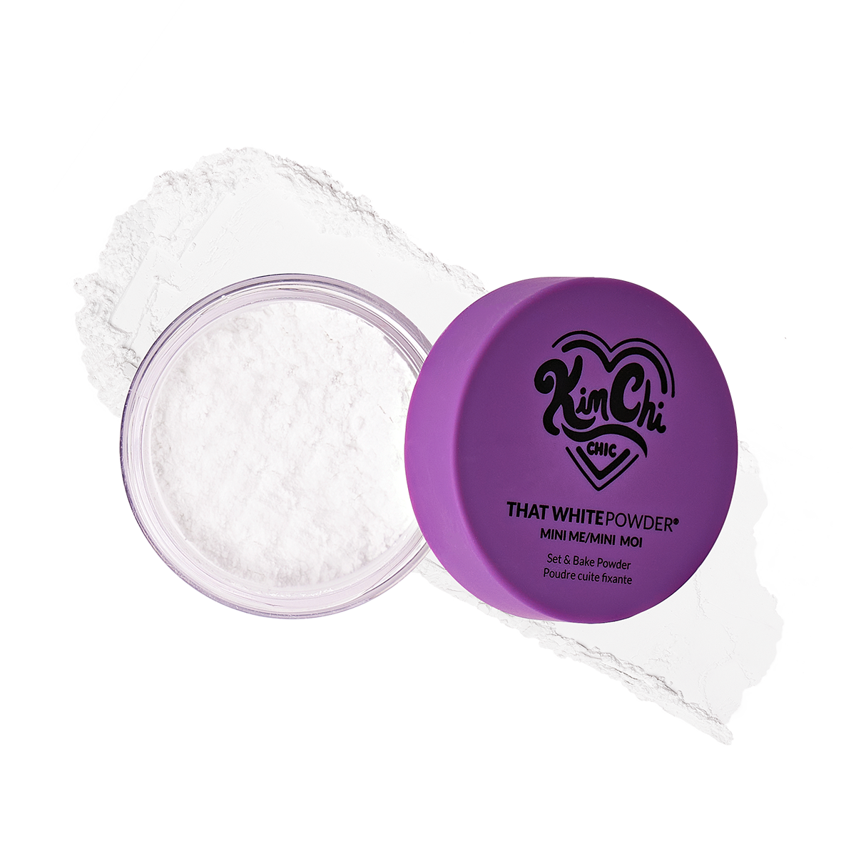 Open container of white setting powder with purple lid.