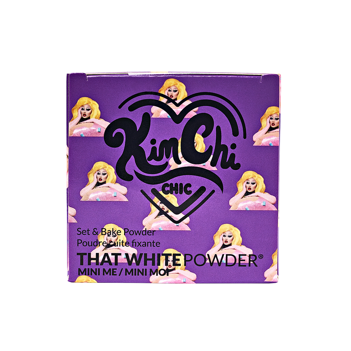 Kim Chi Chic 'That White Powder' packaging with illustrated character on a purple background.