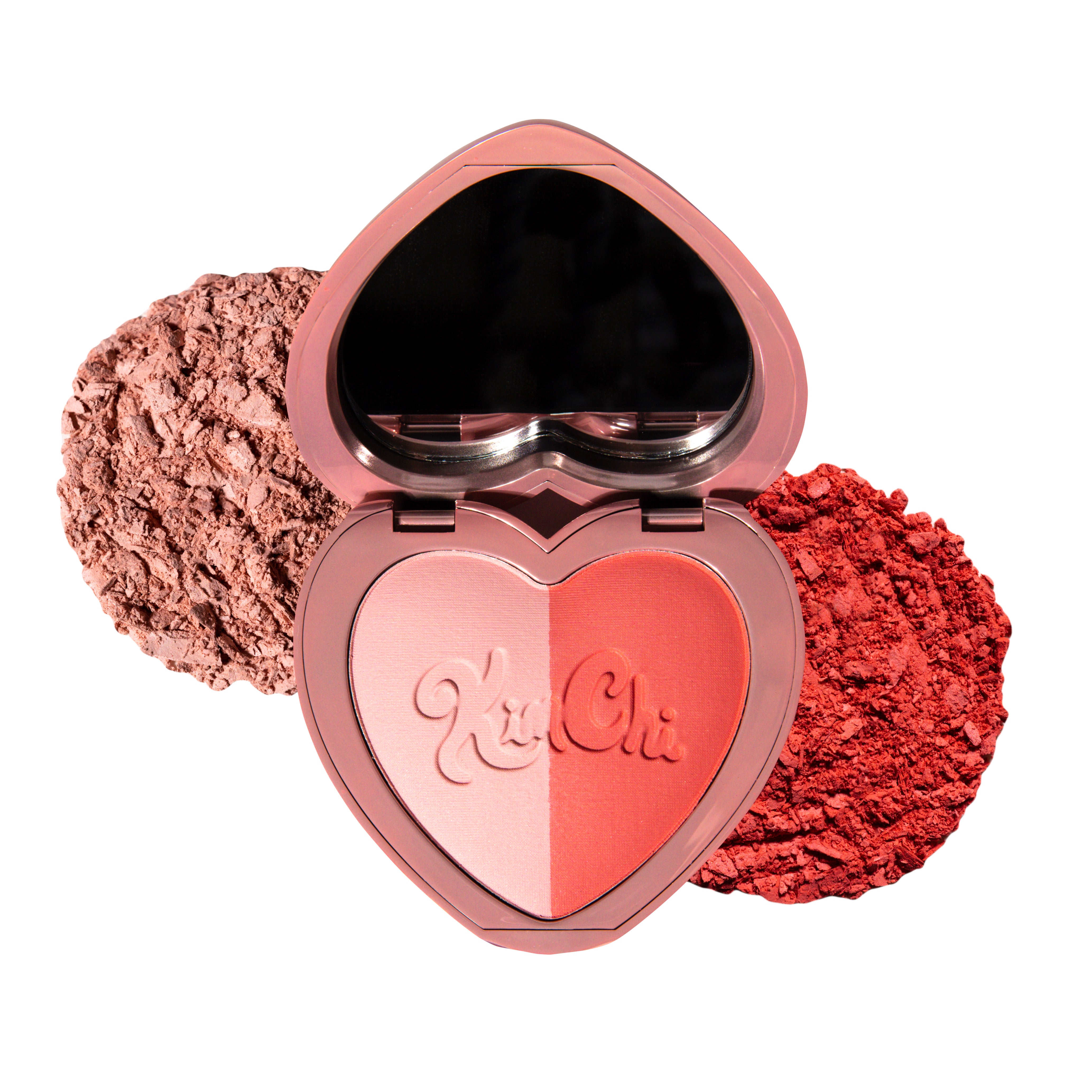 Heart-shaped makeup compact with two shades of blush and a mirror