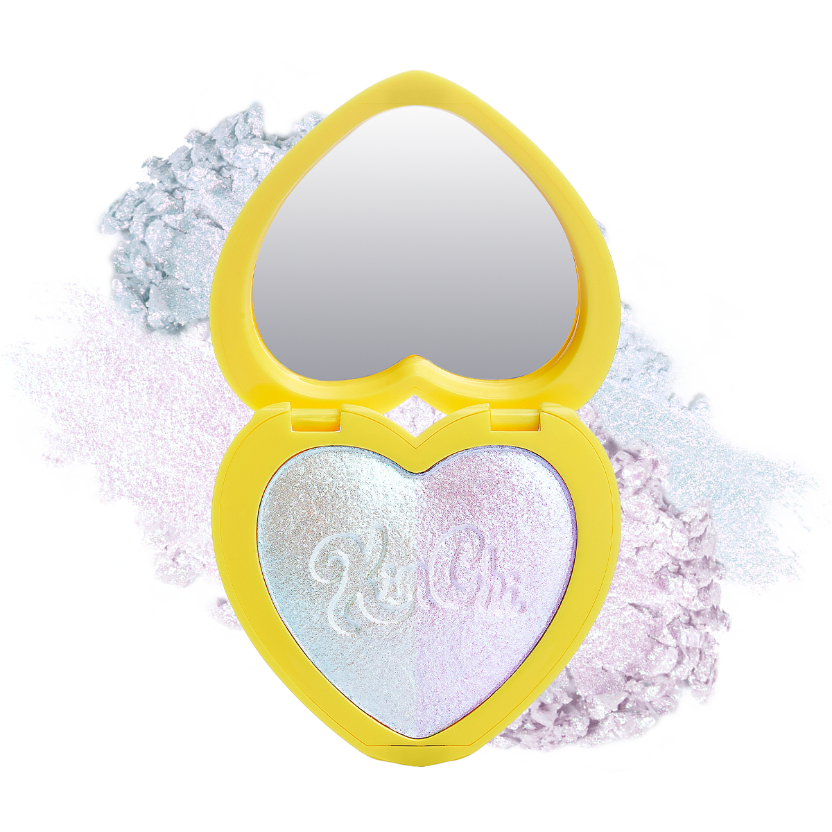 Heart-shaped yellow compact with mirror and pastel highlighter