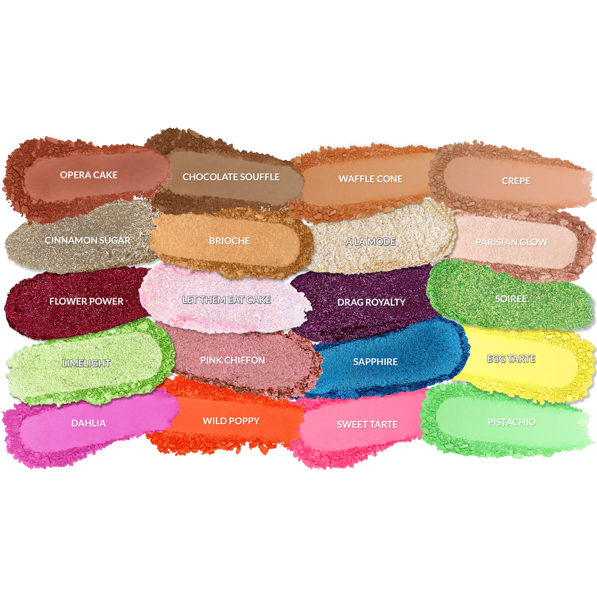 Palette of various colored makeup shades with names.