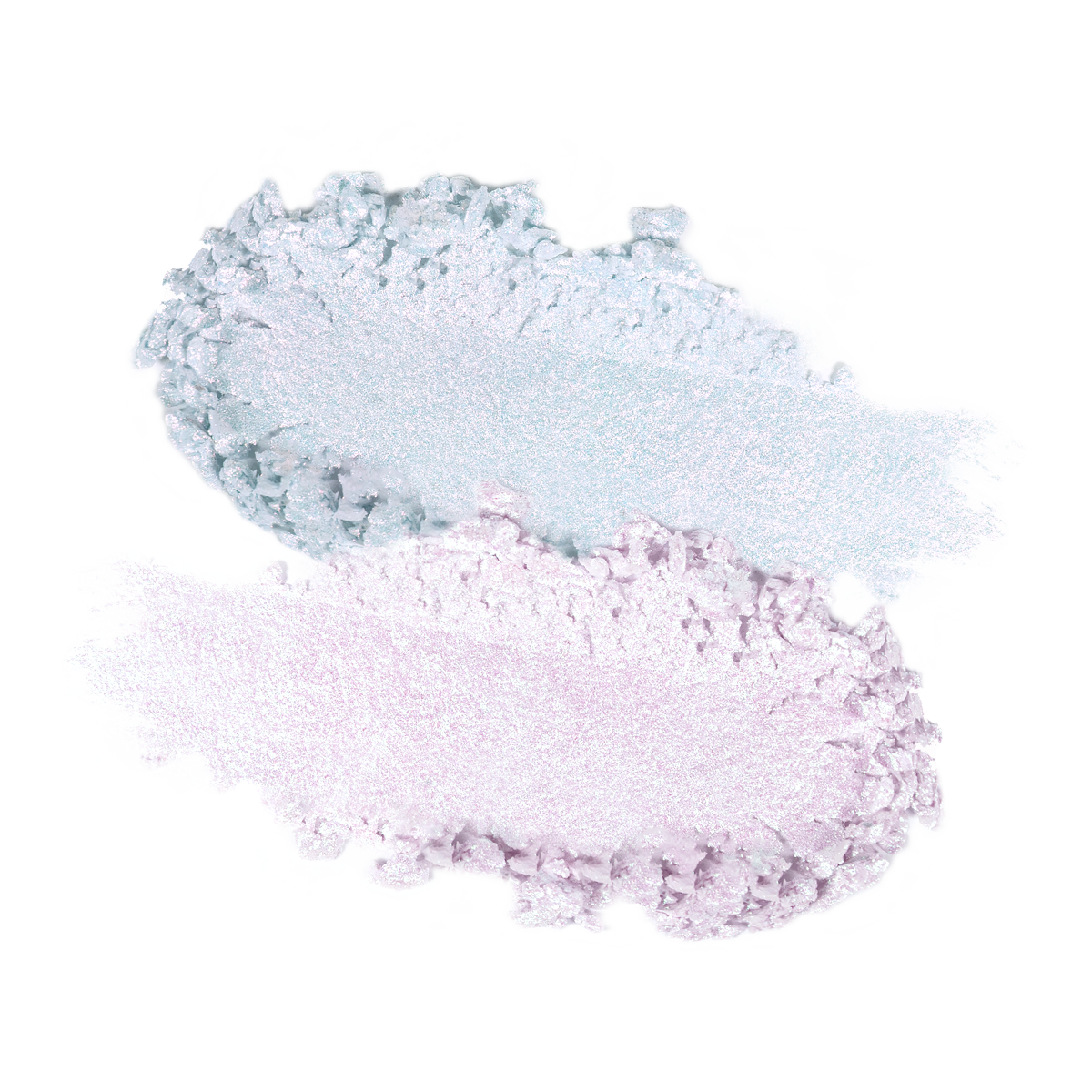 Two smears of pastel powdered eyeshadow, one blue and one pink.