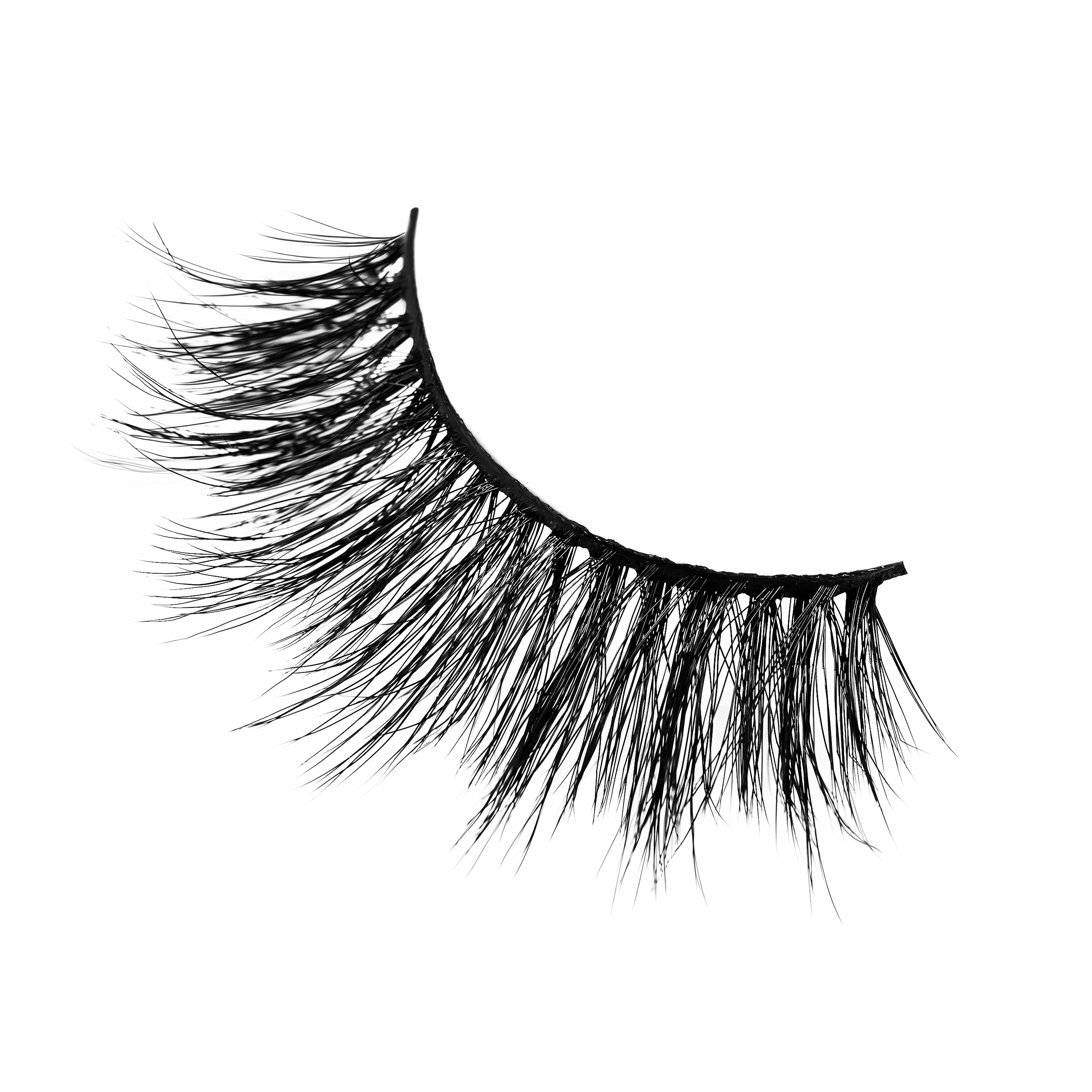 Black false eyelash with thick, wispy fibers