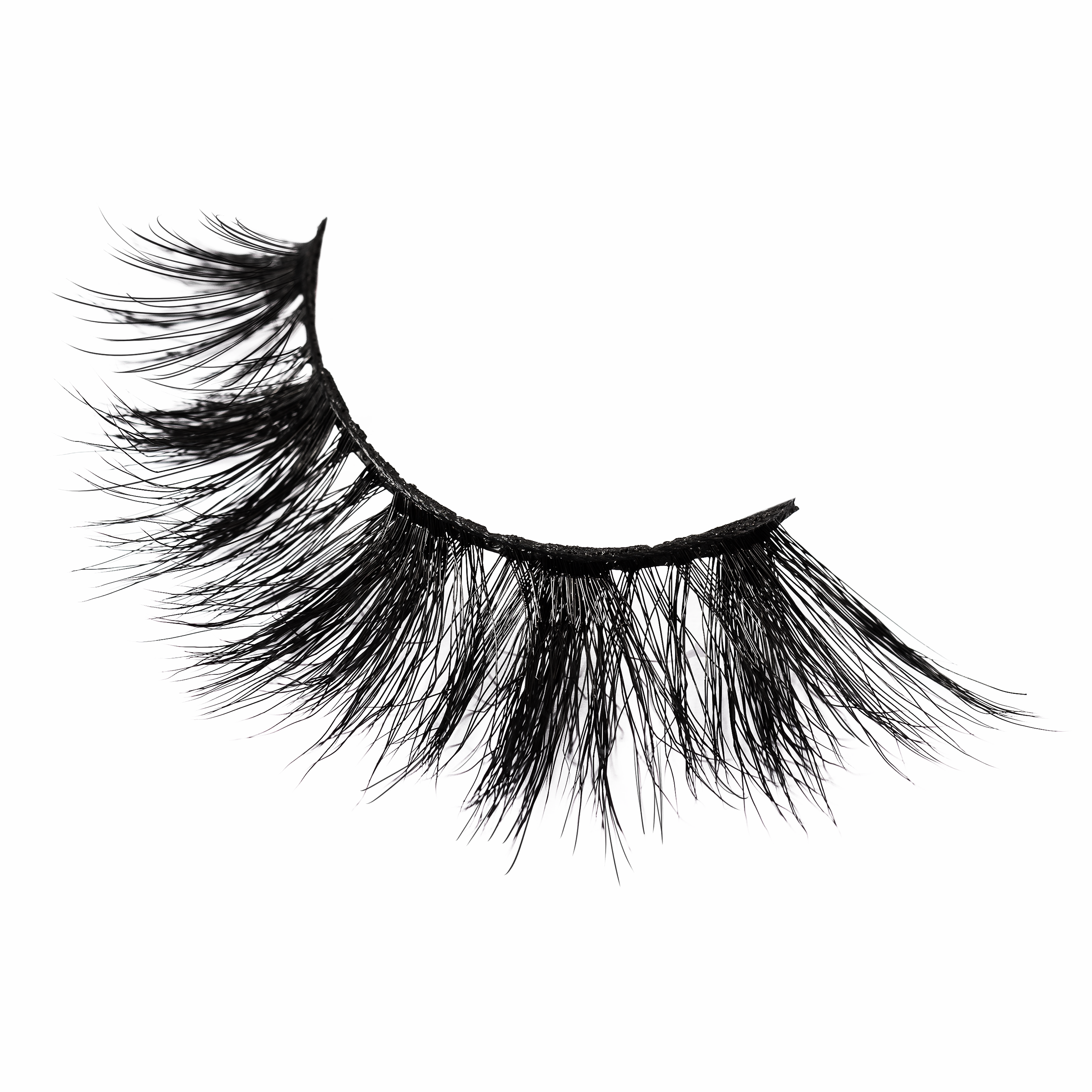 Single false eyelash with thick, dark fibers on a white background.