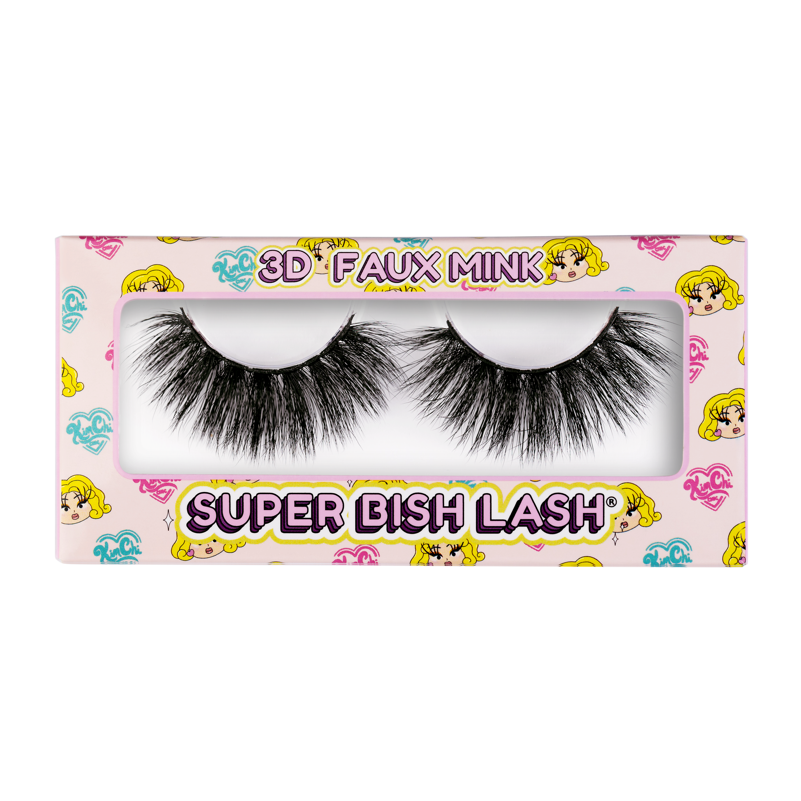 Package of 3D faux mink eyelashes labeled 'Super Bish Lash' with colorful princess illustrations on the box.